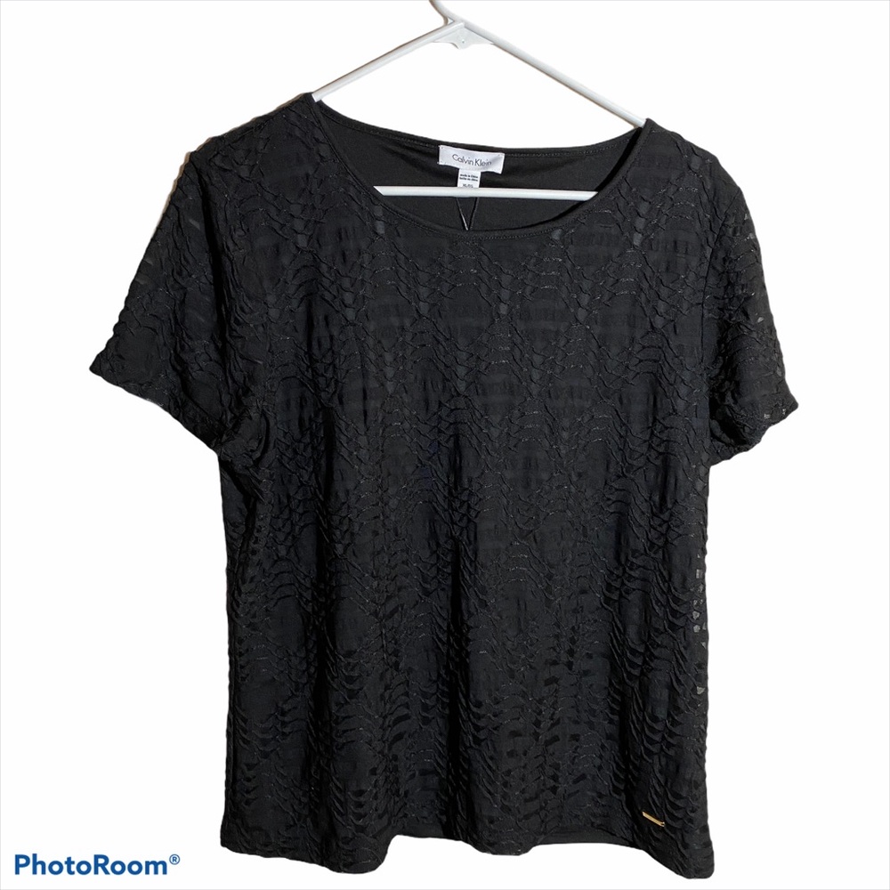 Calvin Klein Black short sleeve scoop neck layered fabric top sz XL NWT